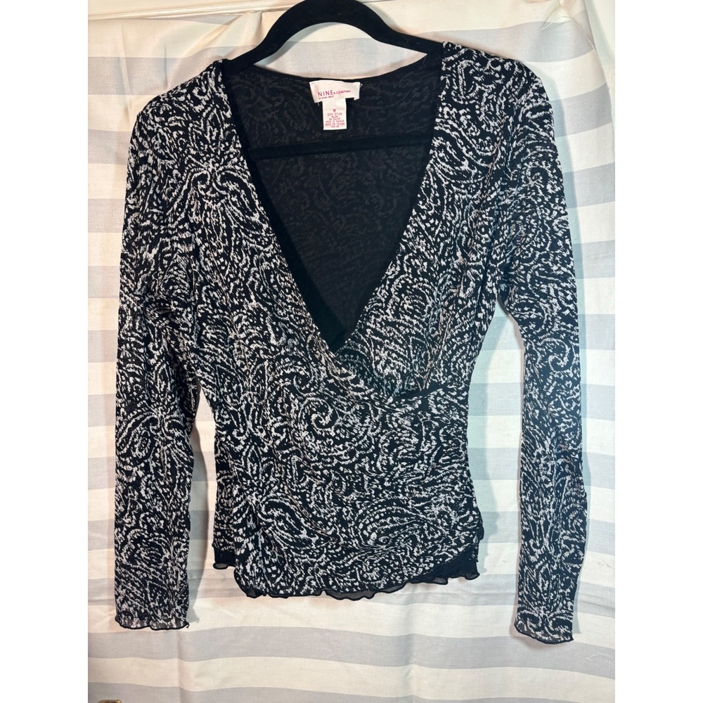 Med Black White Mesh Wrap Top Nine & Company Nine West Womens Paisley
